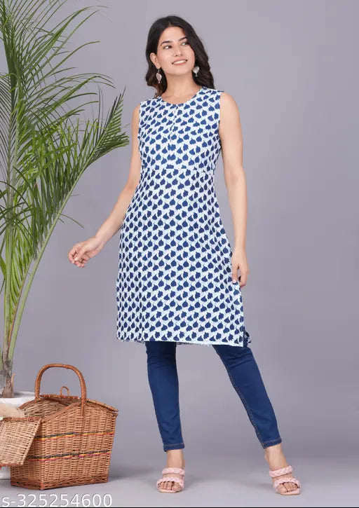 Stylish printed rayon straight kurta, sleeveless, XS-XXL. Women's casual wear with 3/4 sleeve in multiple colors. Indian origin