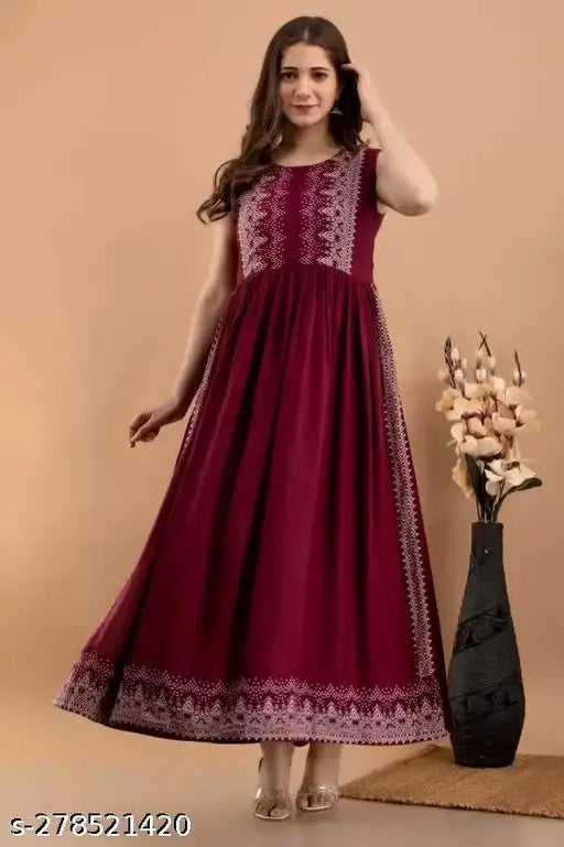 Rayon printed sleeveless kurta, Indian partywear dress in vibrant pattern, S-XXXL sizes