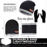 Black textured woolen beanie cap set with neck warmer and gloves for winter - BizarroinMCSG1199841RDA105BLK, unisex, soft fur, snow proof