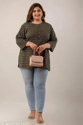 Plus size rayon top, three-quarter sleeves, printed net design. Stylish plus size clothing from India