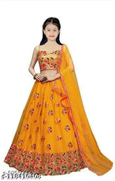 Embroidered tissue lehengha-choli for kids, sleeveless and satin dupatta, Indian fashion, children's party wear