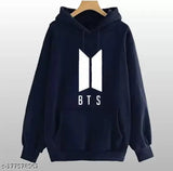 Navy fleece BTS printed hoodie, perfect for unisex casual winter wear with kangaroo pockets and soft fabric