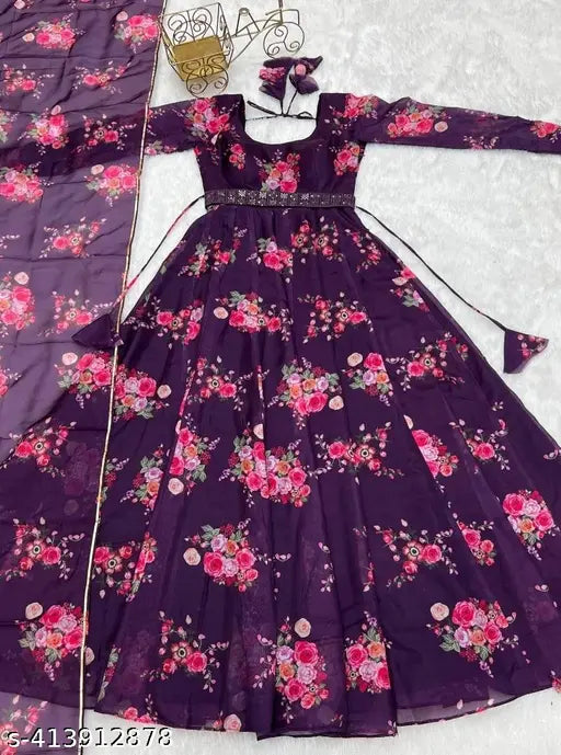 Georgette Bollywood-style maxi dress with leheriya print, three-quarter sleeves, duppatta and belt. Indian women's party or casual wear, suitable for outdoor events, festivals, or beachwear