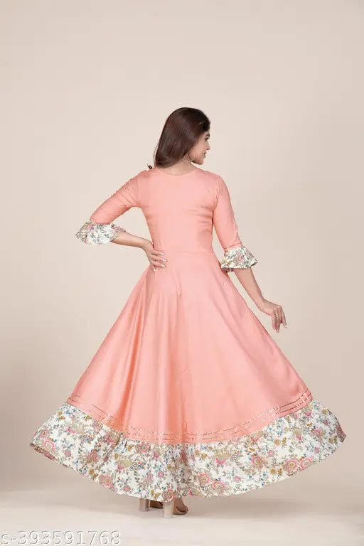 Peach rayon Anarkali kurti, long design with keyhole neck, suitable for every occasion