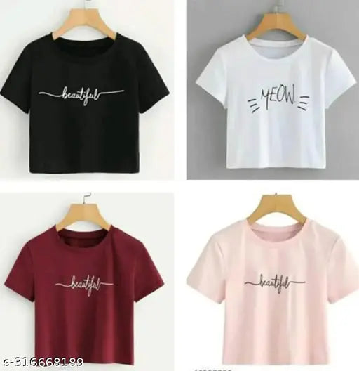 Printed cotton blend crop top set in vibrant feline pattern - S, M, L, XL