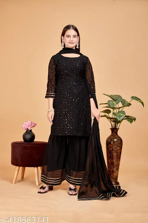 Embellished Georgette kurta and sharara set with dupatta, three-quarter sleeves, Indian garments for women in S-XXXL sizes
