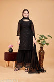 Embellished Georgette kurta and sharara set with dupatta, three-quarter sleeves, Indian garments for women in S-XXXL sizes