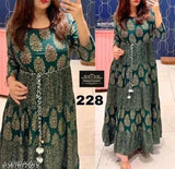 Gold rayon anarkali kurti with three-quarter sleeves, printed design, suitable for festivals and parties. India origin