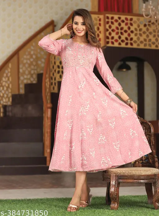 Rayon embroidered Anarkali Kurta for women, traditional Indian wear with round neck and three-quarter sleeves