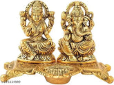 Golden brass Laxmi Ganesh idol with Diya, perfect for Diwali decor and home office - Indian craftsmanship