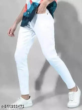 Men's white denim jeans, solid pattern, perfect fit for any occasion from SHRIRADHE ENTERPRISES. Size 28, 30, 32, 34, 36 (waist 28-38, hip 30-36, length 39in). Made in India