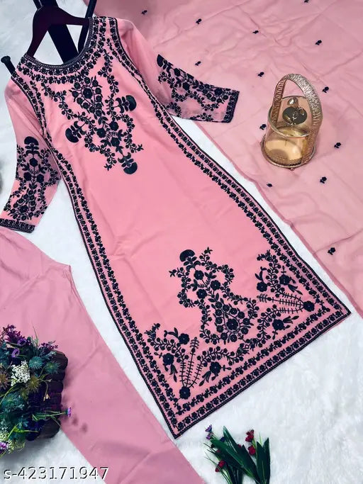 Georgette and cotton party wear kurta with dupatta and bottomwear featuring heavy embroidery work, size M (38/48/28/40), India origin