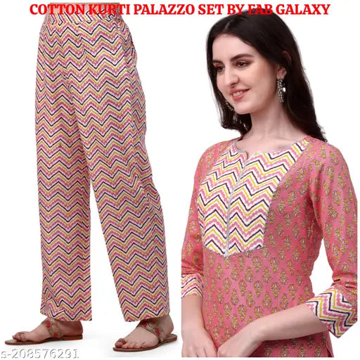 Printed cotton kurta set with palazzo by Fab Galaxy, featuring gota patti design and elasticated waist