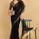 Embellished daily wear black chiffon saree with brocade blouse, trending Indian fashion accessory