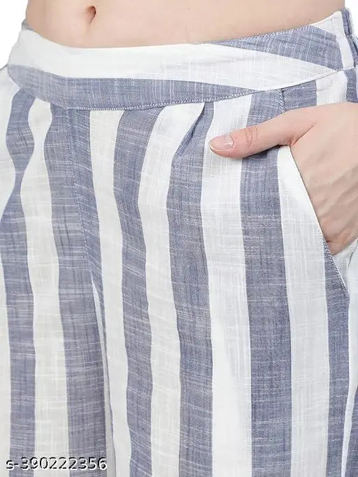 Grey & White striped cotton 'kurta & pant' set, features ladder lace details, v-neck, and elasticated waistband on palazzos. Indian handwoven apparel with three-quarter sleeves