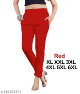 Red cotton lycra high-quality design trousers and ladies pants, solid net, size 32/waist 32in/length 40in/hip 36in, perfect for everyday wear