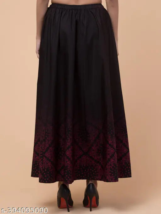 Black cotton flared digital print long skirt with elastic closure, timeless elegance for women's fashion, Hive91 Indian brand