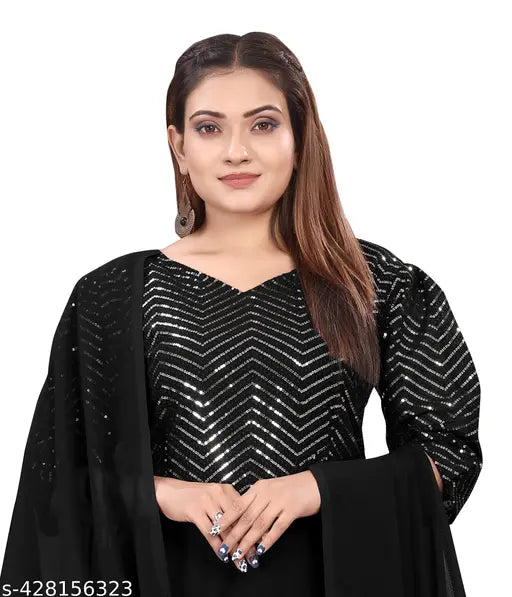 Embellished black georgette anarkali with square work, three-quarter sleeve length, India origin