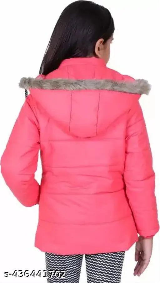 Polyester girls' winter coat with hood, soft inner fur, and multiple pockets. Durable, water-resistant, and available in various sizes from 7-8 to 11-12 years old. Made in India