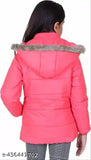 Polyester girls' winter coat with hood, soft inner fur, and multiple pockets. Durable, water-resistant, and available in various sizes from 7-8 to 11-12 years old. Made in India