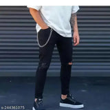 Denim men's knee-cut jeans with back print and two pockets, dyed/washed for casual and party wear. India origin, sizes 28, 30, 32