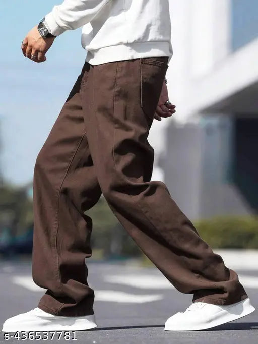 Mens baggy brown cotton solid pants, Indian-made men's size 28 (waist 29in, length 38in, hip 35in)