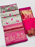 Unstitched kanjeevaram silk pattu pavadai for girls, traditional Indian half-saree in short sleeves. Net dupatta with jacquard stitch and woven design on lehenga. Free size (44in waist, 46in length). Origin: India