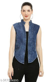 Denim sleeveless modern women's blazer & coat, solid net style - size S (bust 36in, length 24in), made in India