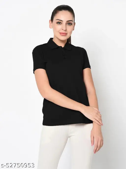 Black cotton solid polo neck t-shirt for women by SHARKTRIBE, short sleeves