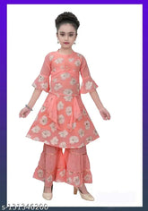 Georgette printed A-line kurta and sharara set in trendy ethnic wear style for kids aged 3-7 years, India origin