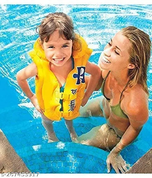 Multicolor polycotton swim vest for kids aged 2-8 years. Ideal for beach, pool, and sea play. Features adjustable buckles, three air chambers, and free size (Chest 15in, Length 17in, Waist 12in). Safe, fun, and comfortable