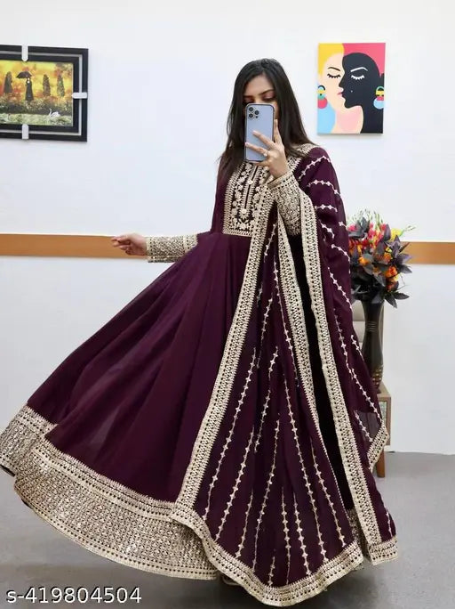 Georgette sequence-coding embroidery work gown & dupatta set in wine color, traditional Indian anarkali style with long sleeves, ideal for special occasions