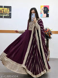 Georgette sequence-coding embroidery work gown & dupatta set in wine color, traditional Indian anarkali style with long sleeves, ideal for special occasions