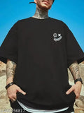 Men's white printed drop shoulder sleeves pure cotton t-shirt, tailored fit, year-round versatility