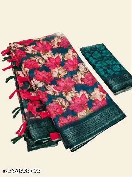 Designer Linen Cotton Organza saree, free size, single piece with zari woven net pattern, origin India