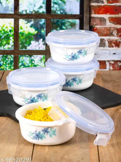 Opalware storage container set of 4pcs, white with floral print design, airtight glass bowls for organizing fridge leftovers, microwave safe with removable plastic lids