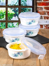 Opalware storage container set of 4pcs, white with floral print design, airtight glass bowls for organizing fridge leftovers, microwave safe with removable plastic lids