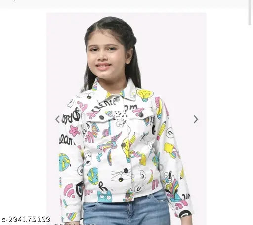 White printed denim jacket for kids/girls, long sleeves, India origin