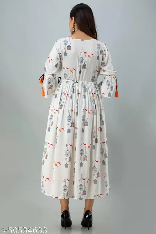 White bird cage print rayon flared long kurta with tassels detailing, suitable for XXL (Bust 44in, Size Length 48in)