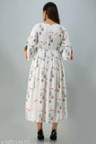 White bird cage print rayon flared long kurta with tassels detailing, suitable for XXL (Bust 44in, Size Length 48in)