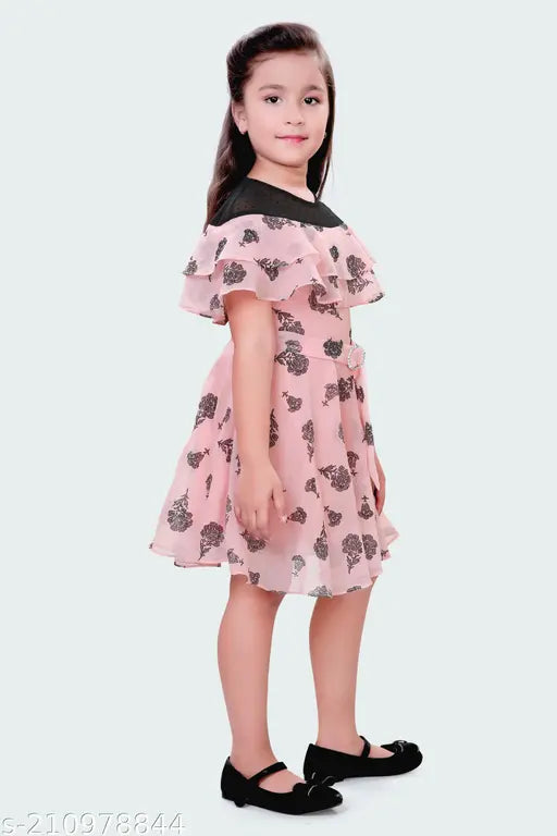 Peach and black chiffon midi dress with short sleeves, around-shoulder frill, concealed zipper, lining, fashionable belt, and attached around neck band - Indian party wear for 4-14 years