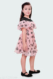 Peach and black chiffon midi dress with short sleeves, around-shoulder frill, concealed zipper, lining, fashionable belt, and attached around neck band - Indian party wear for 4-14 years