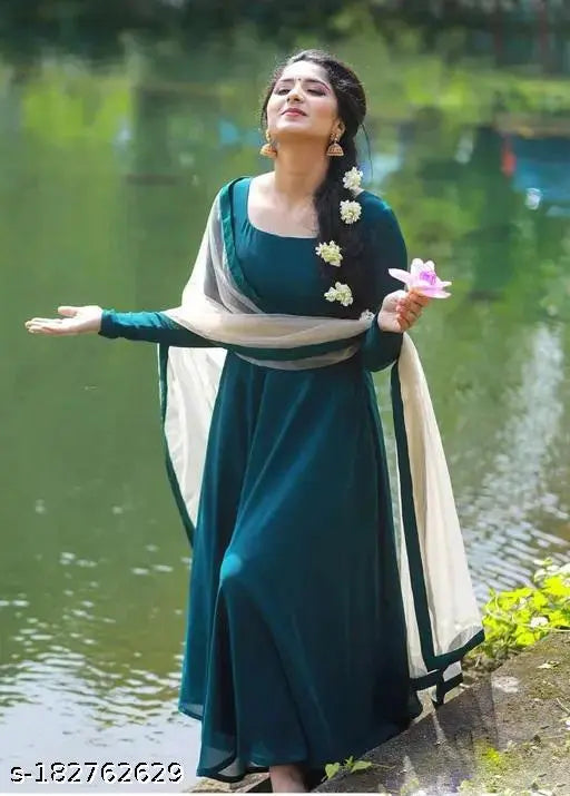 Georgette Raman gown, solid net full-length Indian bridal dress with crepe lining and 2m dupatta set in soft pastel colors