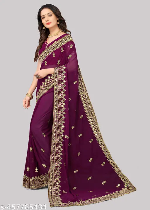 Georgette mirror-embellished Durga Puja wedding saree, free size, 5.5m length