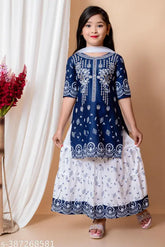 Printed cotton blend girls' skirt & dress, three-quarter sleeves, Pack of 1, India-made quality children's clothing