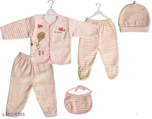 Woolen newborn winter wear (0-3 months): 5pc set with bib, pajamas, top, cap - Adorable animal patterned, warm, comfortable