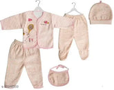 Woolen newborn winter wear (0-3 months): 5pc set with bib, pajamas, top, cap - Adorable animal patterned, warm, comfortable