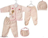 Woolen newborn winter wear (0-3 months): 5pc set with bib, pajamas, top, cap - Adorable animal patterned, warm, comfortable