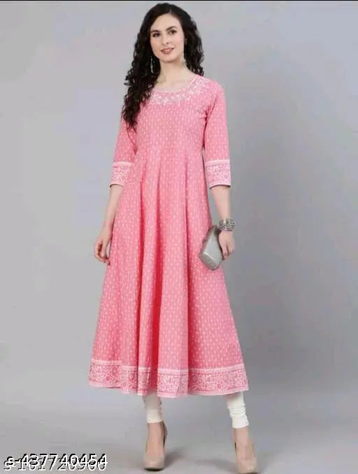 Peach rayon gown with silver embroidery, three-quarter sleeves, printed pattern. Close-up view of size L