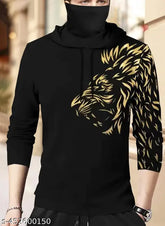 Mens hooded lion printed cotton blend t-shirt with mask, long sleeves, S-XXXL sizes available